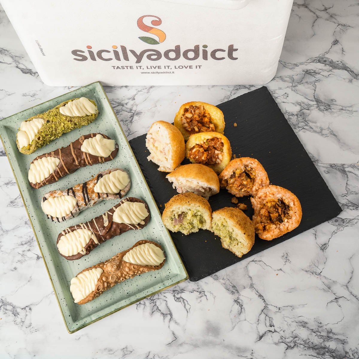 Sizilien-Probierbox - Cannoli-Set mit Schafsricotta & 4 Arancini-Sorten, tiefgekühlt