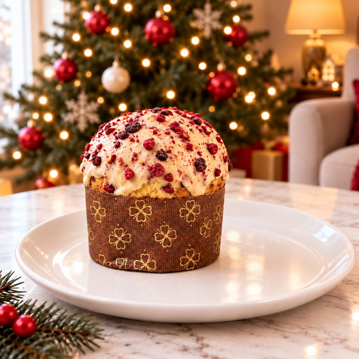 Panettoncino Frutti di Bosco e Cioccolato Bianco intero su un piatto, con decorazioni natalizie sullo sfondo.