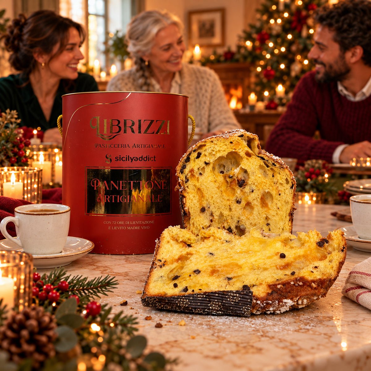 Panettone albicocca e cioccolato Librizzi Deluxe di SicilyAddict, con confezione rossa su una tavola di famiglia
