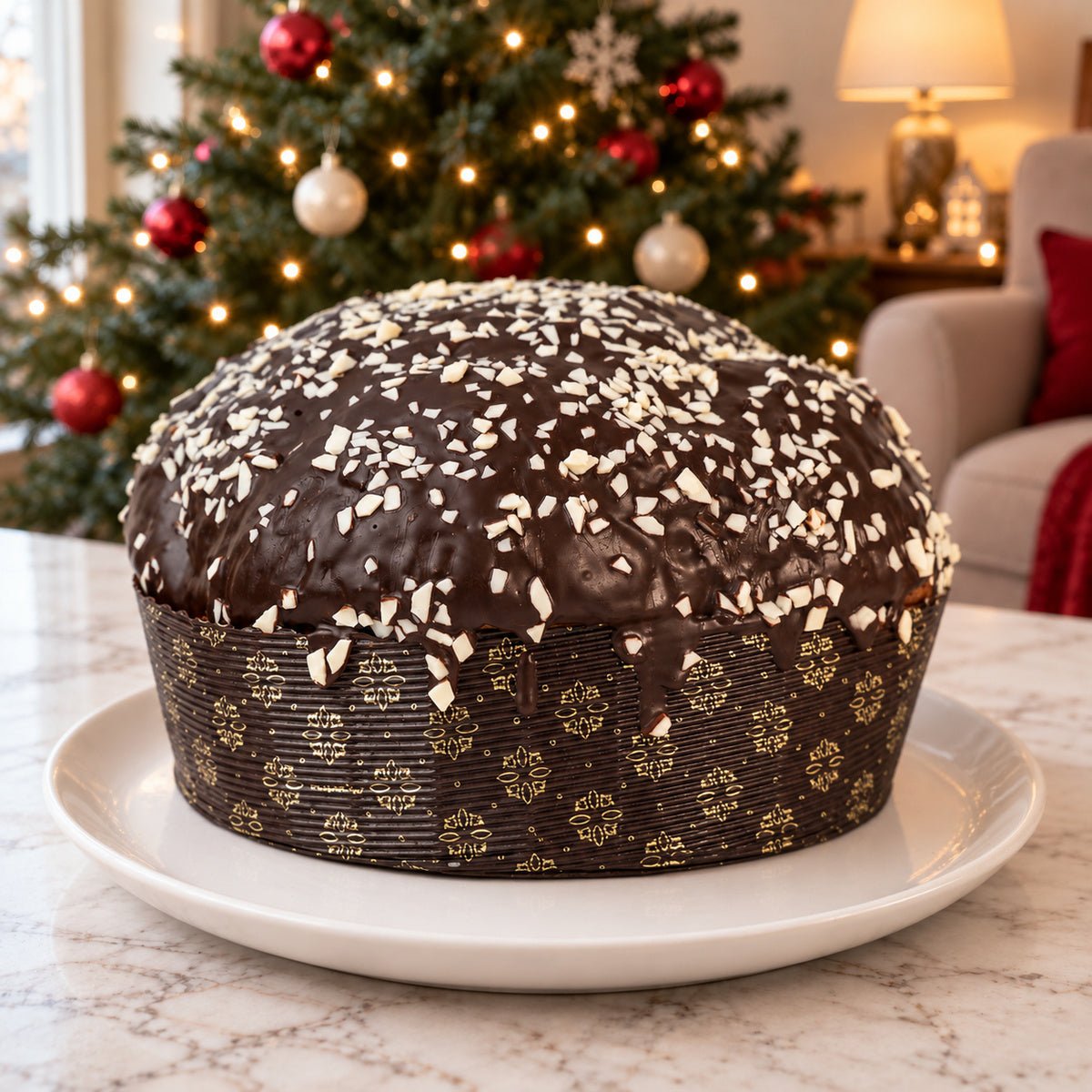 Panettone ai Tre Cioccolati intero su un piatto, con decorazioni natalizie sullo sfondo.