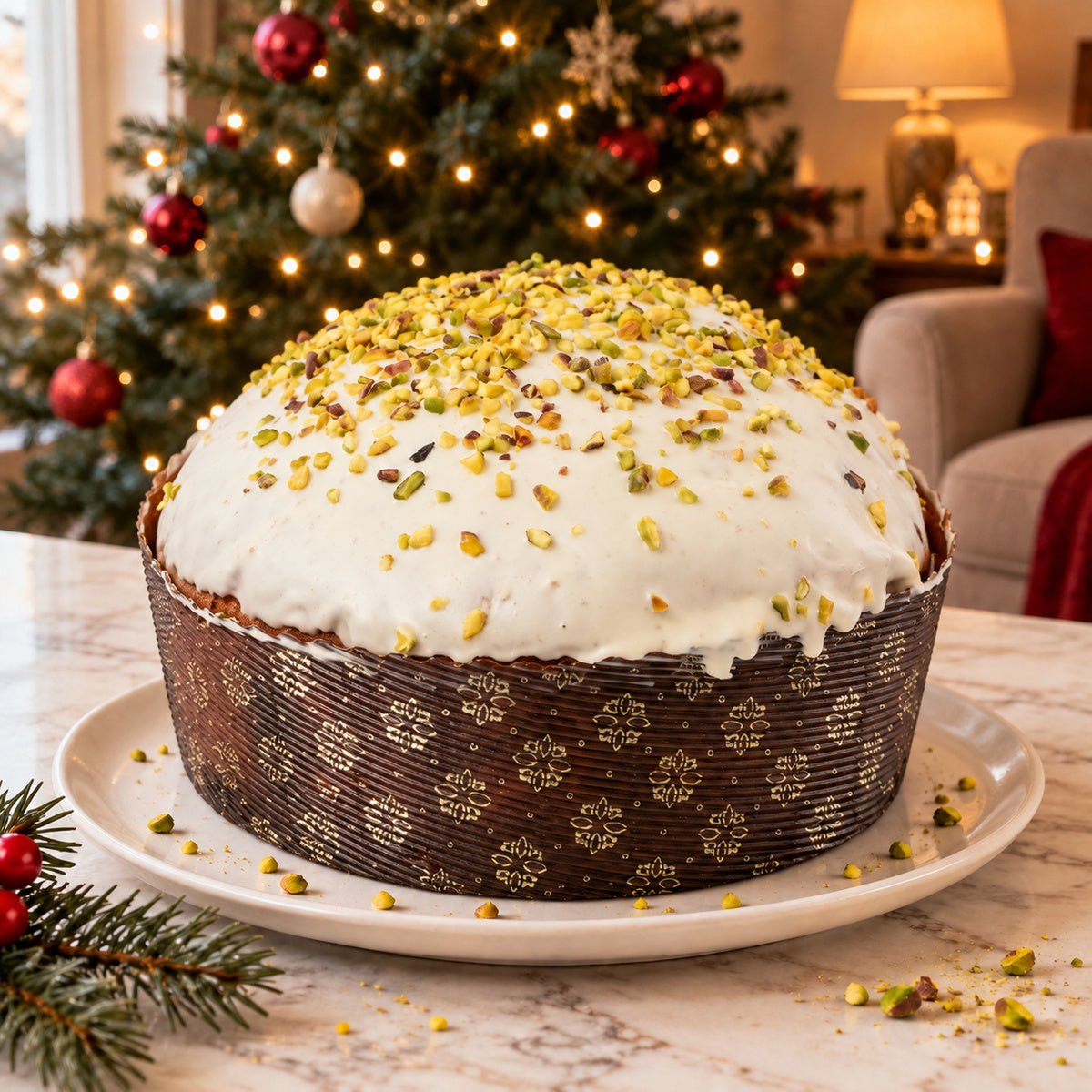 Panettone al cioccolato e pistacchio Ciokopistacchio intero su un piatto, con decorazioni natalizie sullo sfondo.