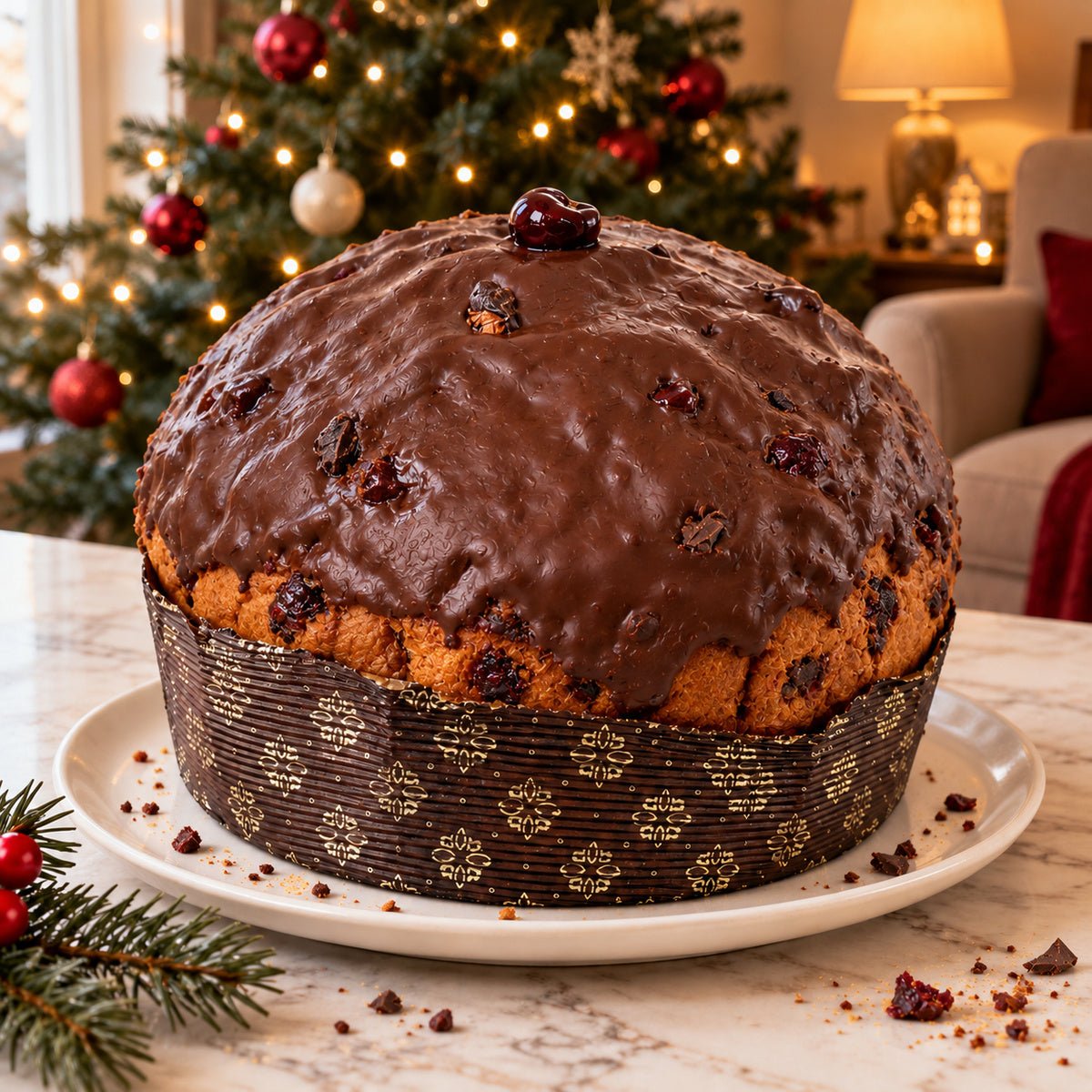 Panettone Amarene e Cioccolato Fondente intero su un piatto, con decorazioni natalizie sullo sfondo.