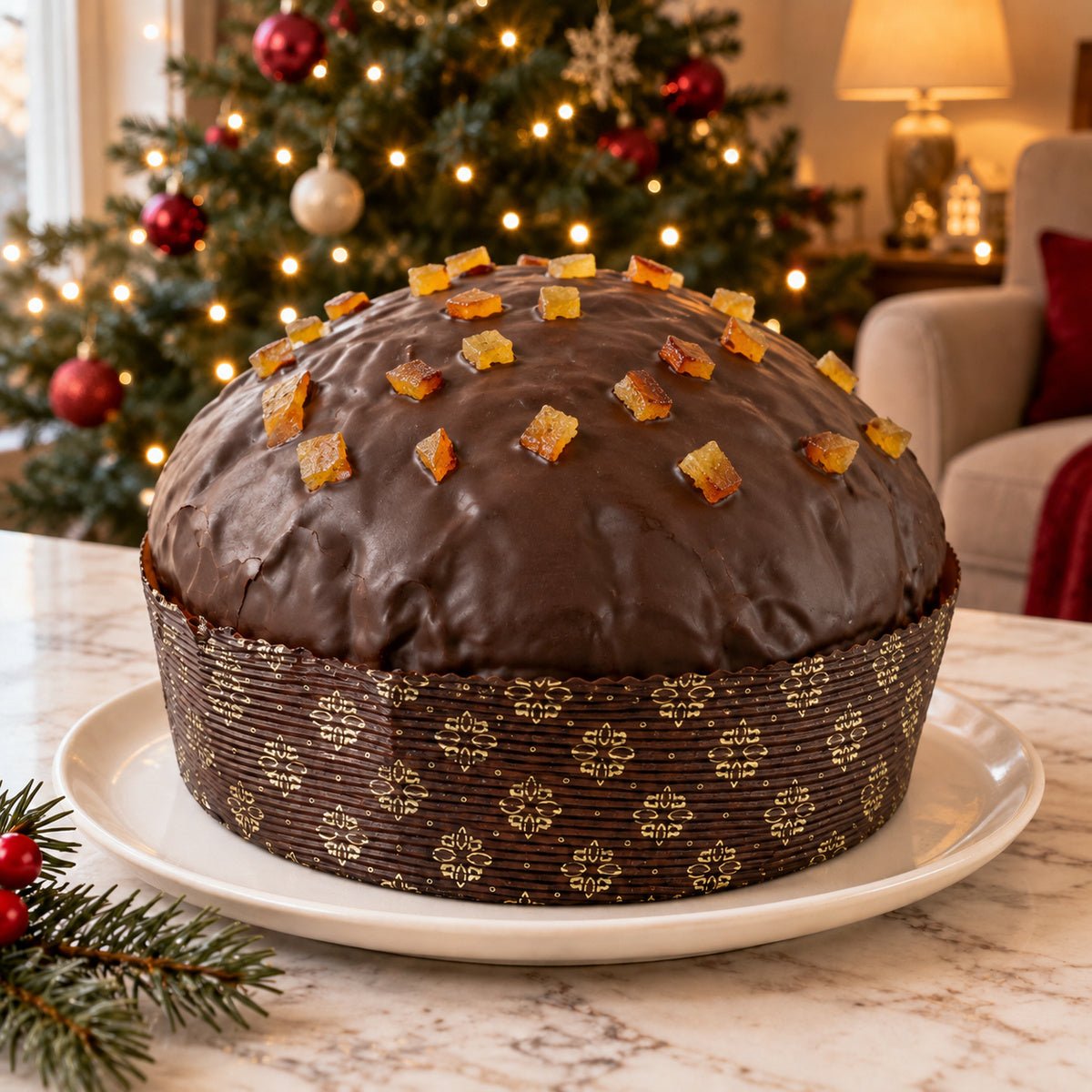 Panettone Arance Candite e Cioccolato Fondente intero su un piatto, con decorazioni natalizie sullo sfondo.