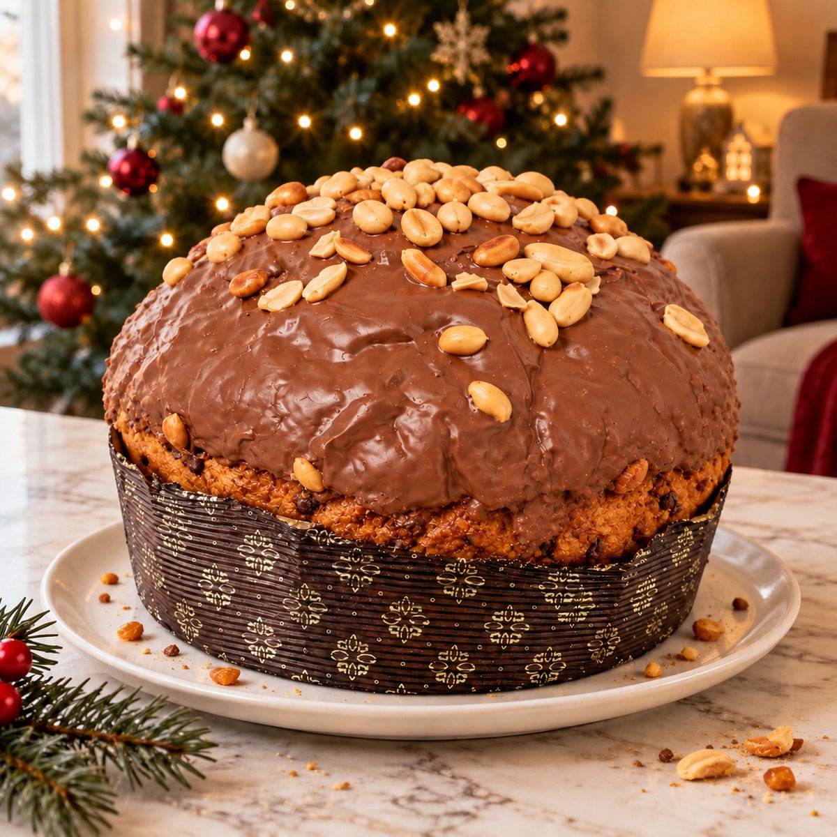 Panettone Caramello, Cioccolato e Arachidi intero su un piatto, con decorazioni natalizie sullo sfondo.