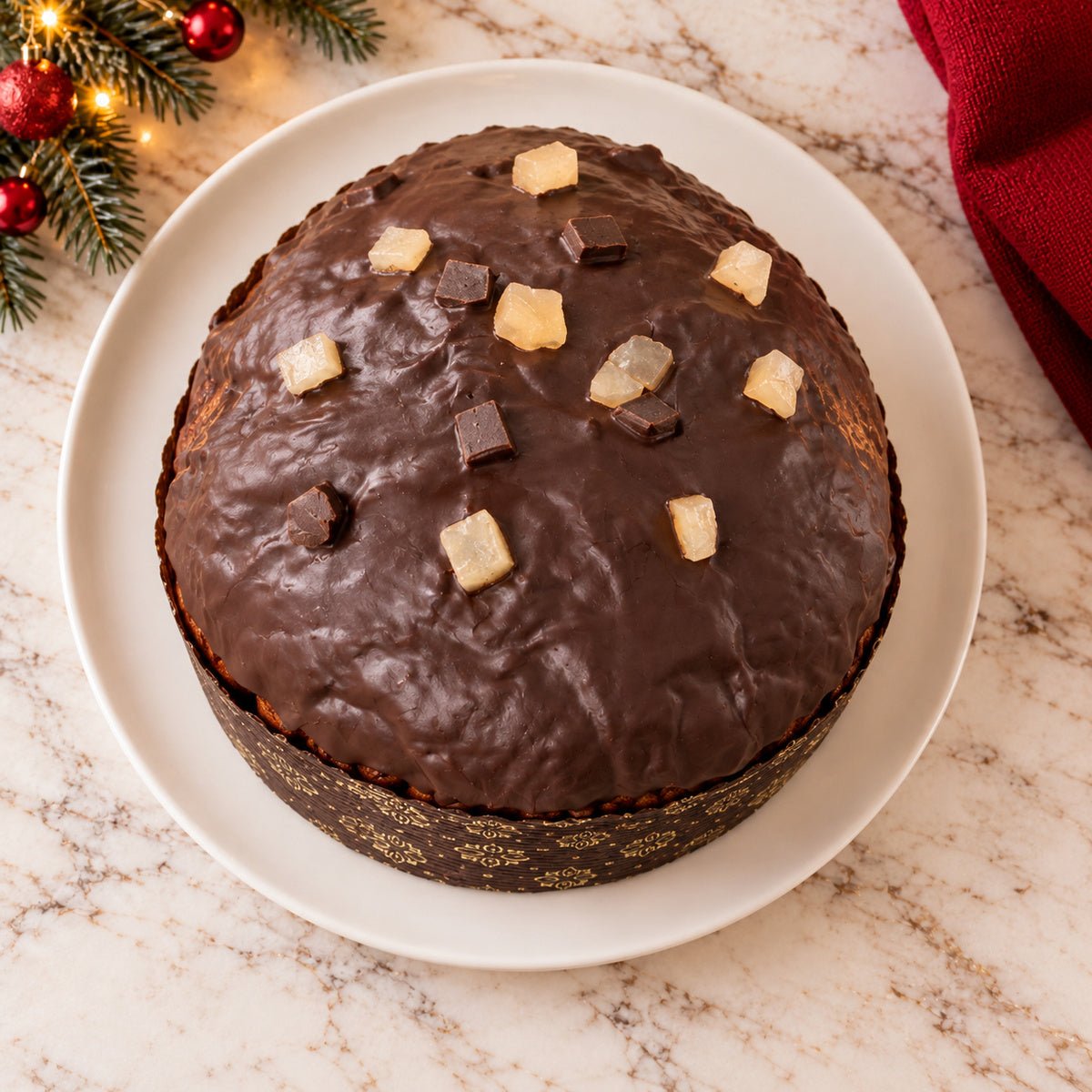 Panettone Pera e Cioccolato visto dall’alto, con la copertura in primo piano.