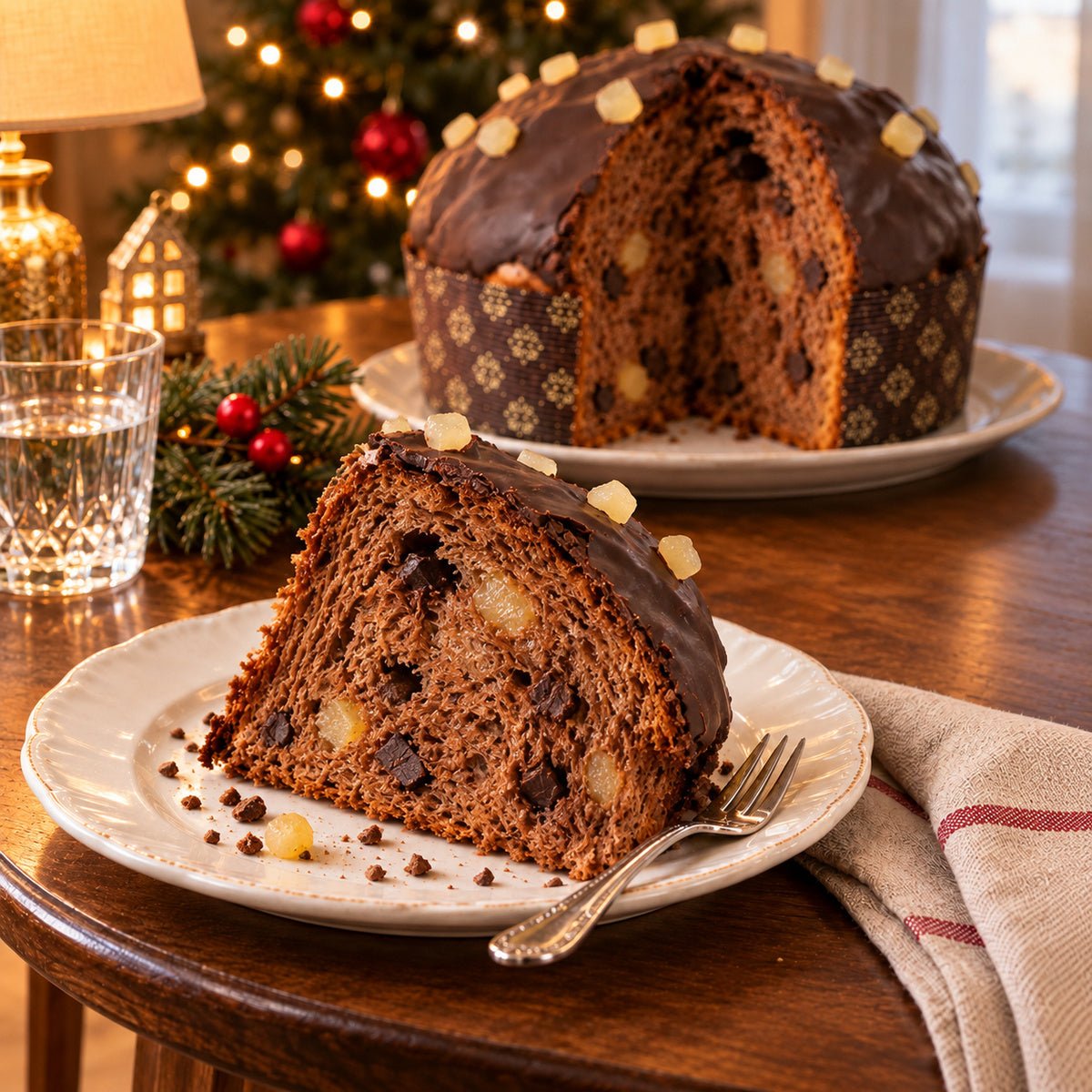 Panettone Pera e Cioccolato con una fetta in primo piano, accanto al dolce intero.