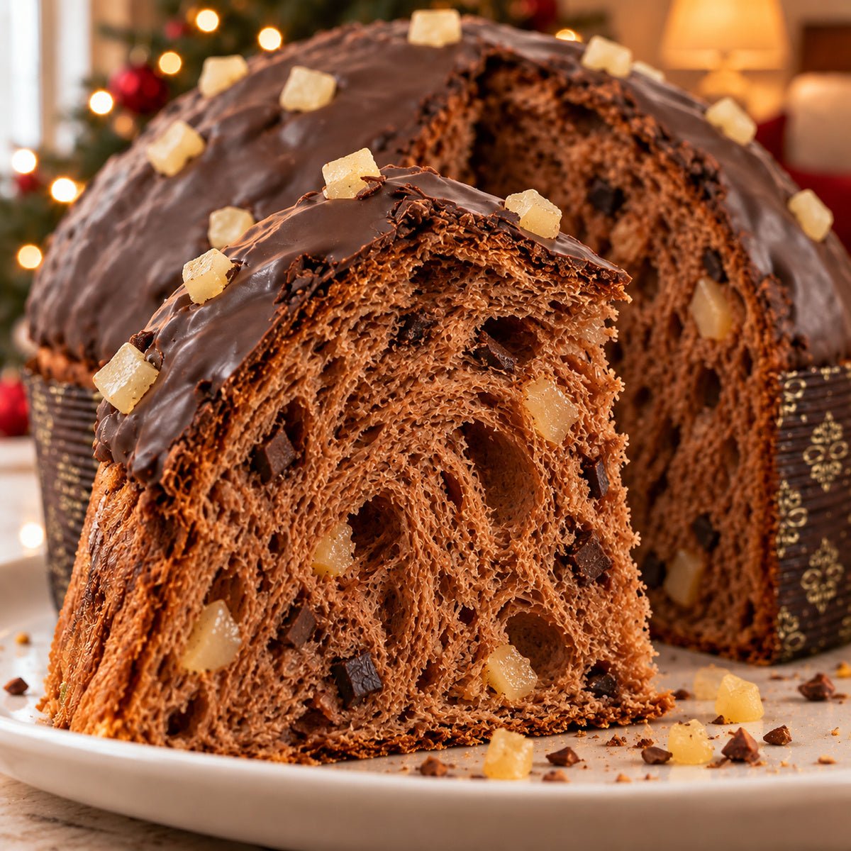 Panettone Pera e Cioccolato con dettaglio dell’interno e dell’alveolatura.