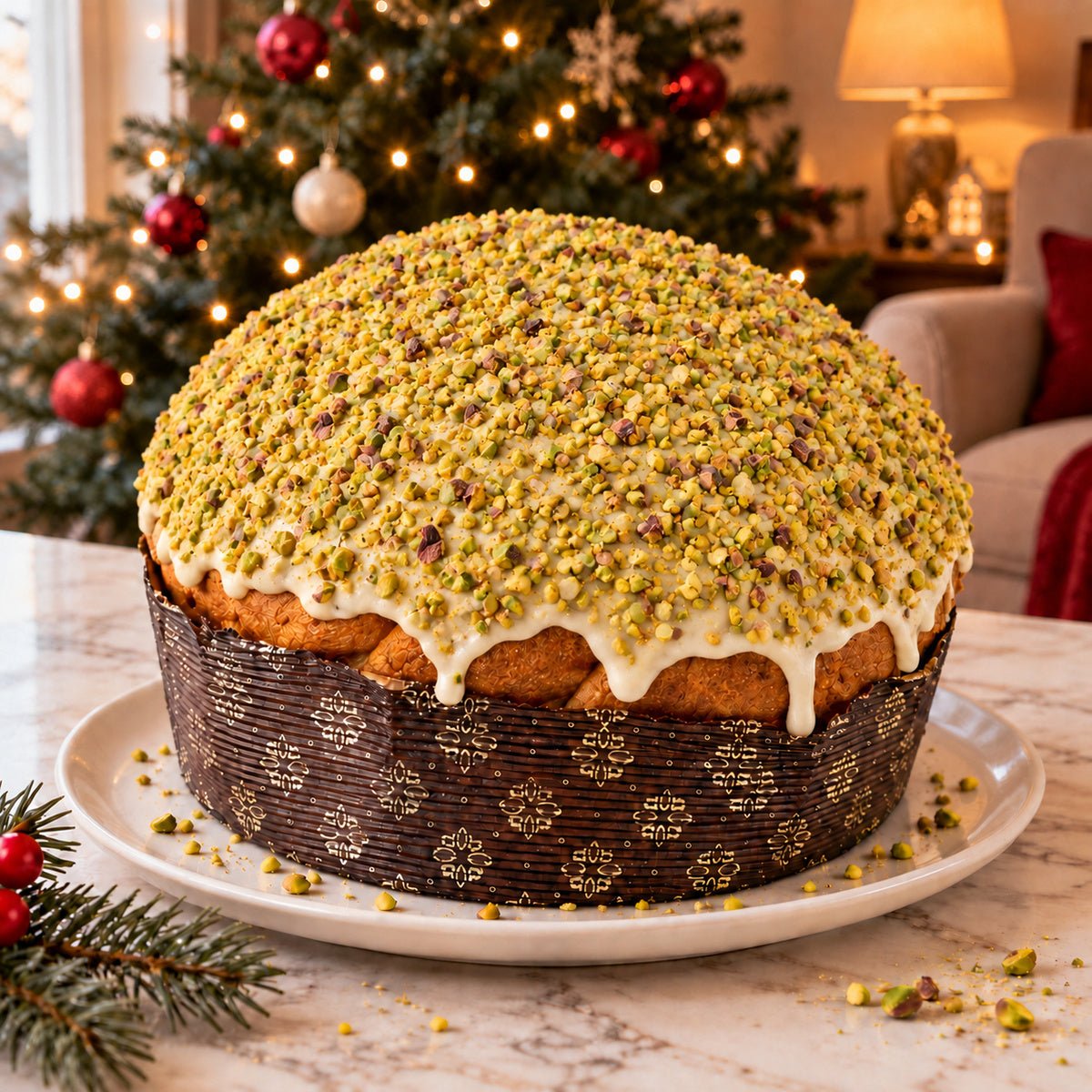 Panettone Pistacchio e Gocce di Cioccolato Bianco intero su un piatto, con decorazioni natalizie sullo sfondo.