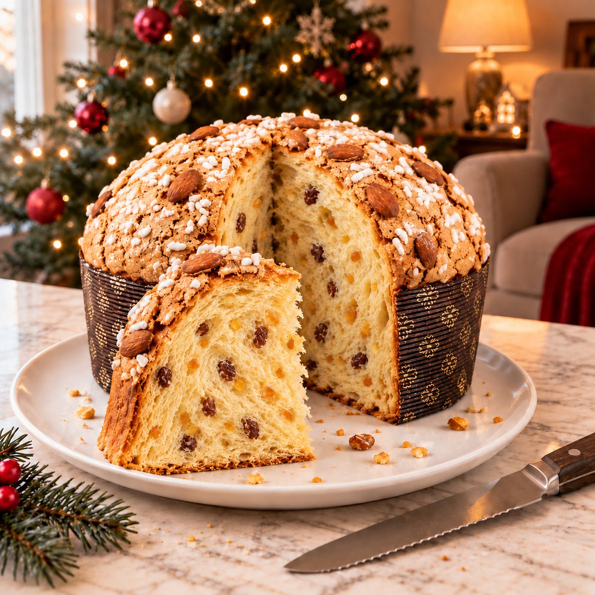 Panettone tradizionale tagliato per mostrare l’interno dell’impasto.