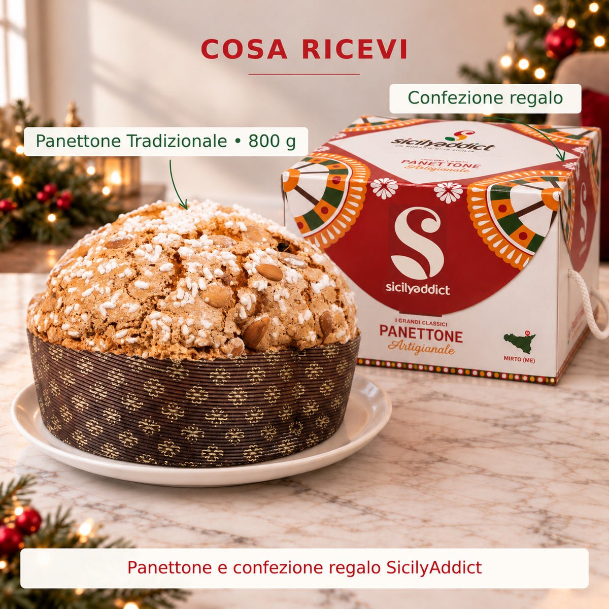 Infografica del contenuto della confezione: panettone tradizionale e scatola regalo.
