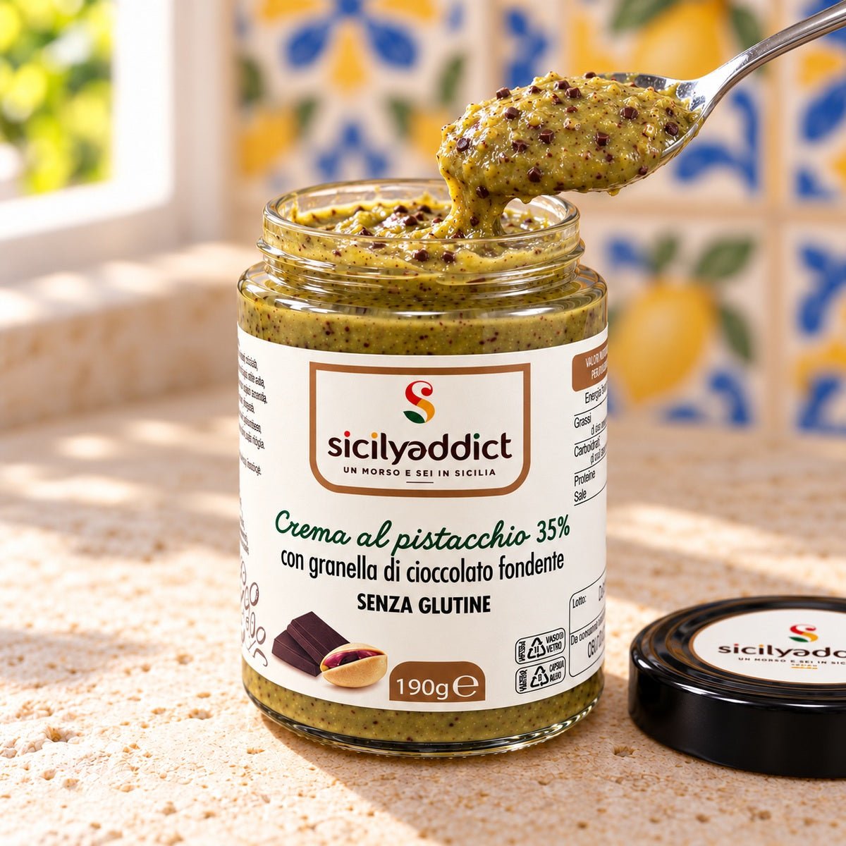 Crema al pistacchio 35% con granella di cioccolato fondente 190 g - SicilyAddict