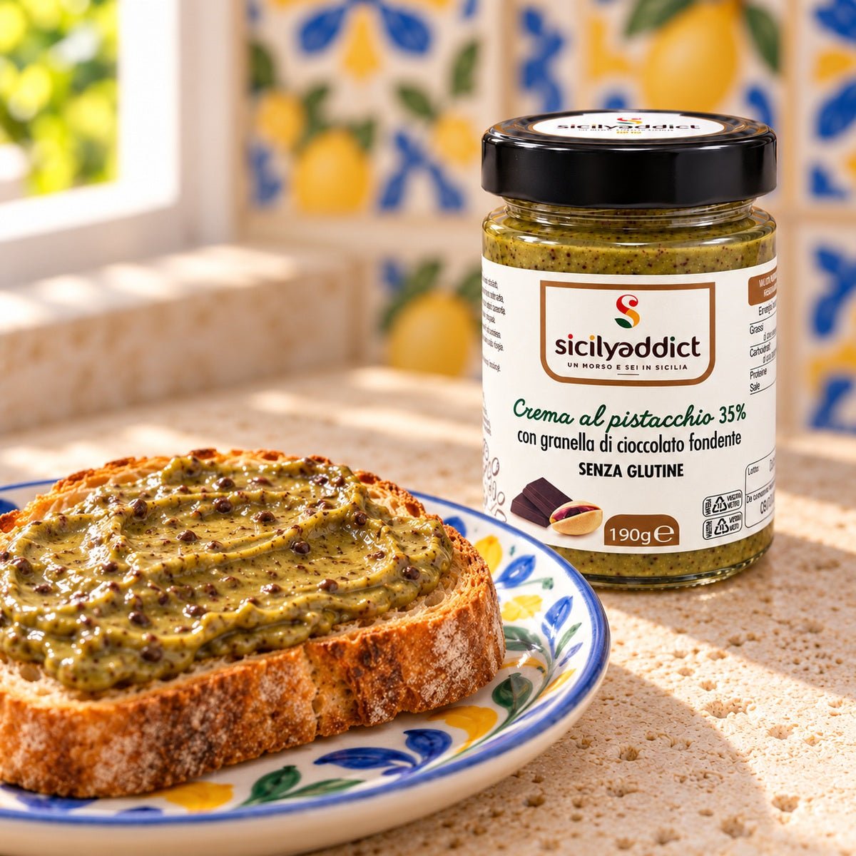Crema al pistacchio 35% con granella di cioccolato fondente 190 g - SicilyAddict