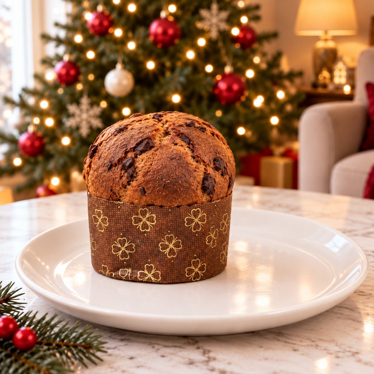 Panettoncino Amarene e cioccolato Fondente intero su un piatto, con decorazioni natalizie sullo sfondo.