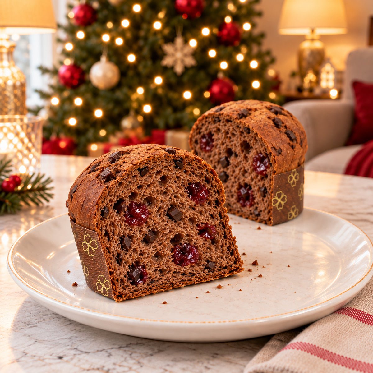 Panettoncino Amarene e cioccolato Fondente con una fetta in primo piano, accanto al dolce intero.