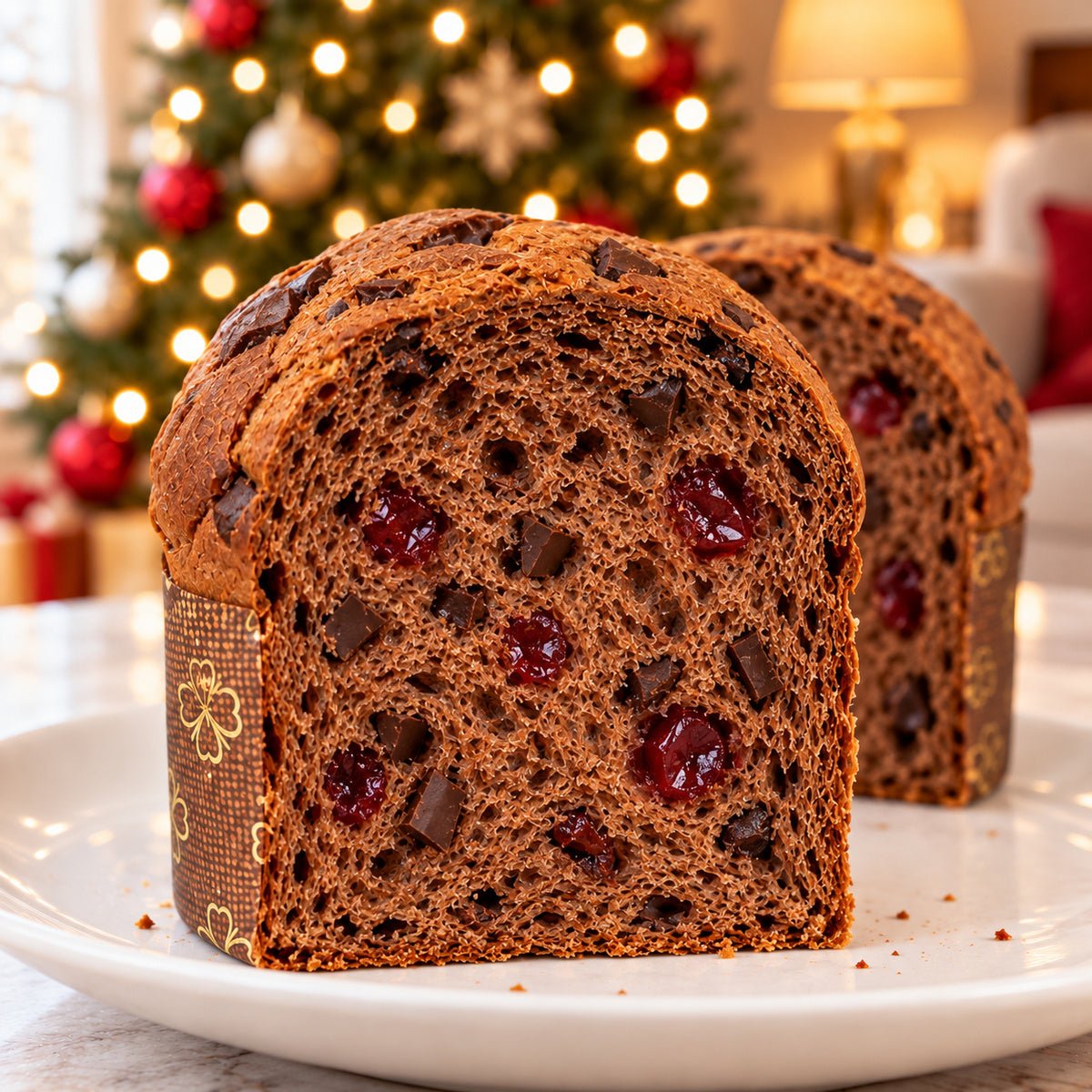 Panettoncino Amarene e cioccolato Fondente con dettaglio dell’interno e dell’alveolatura.