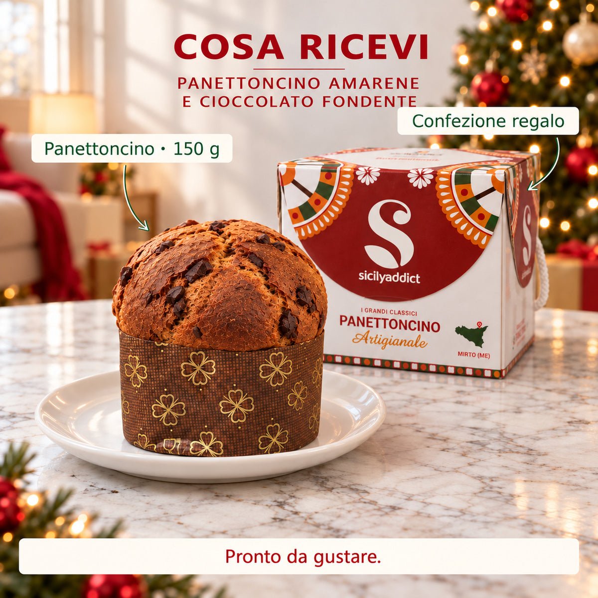 Infografica del contenuto della confezione: panettoncino amarene e cioccolato fondente e scatola regalo.