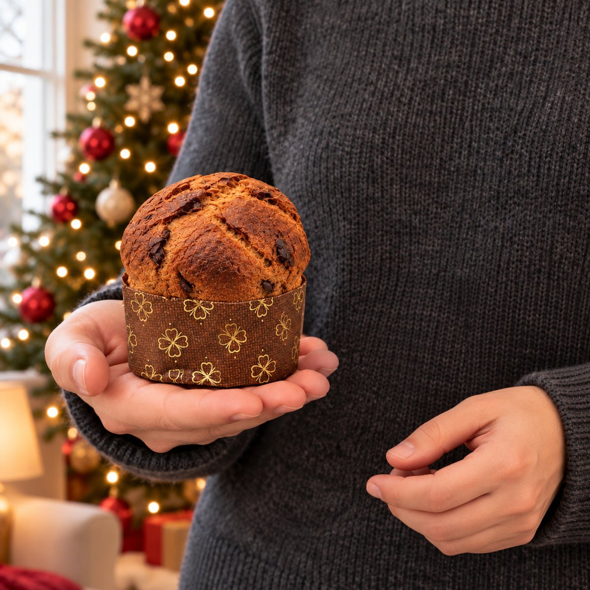 Panettoncino Amarene e cioccolato Fondente tenuto in mano davanti alla tavola natalizia.