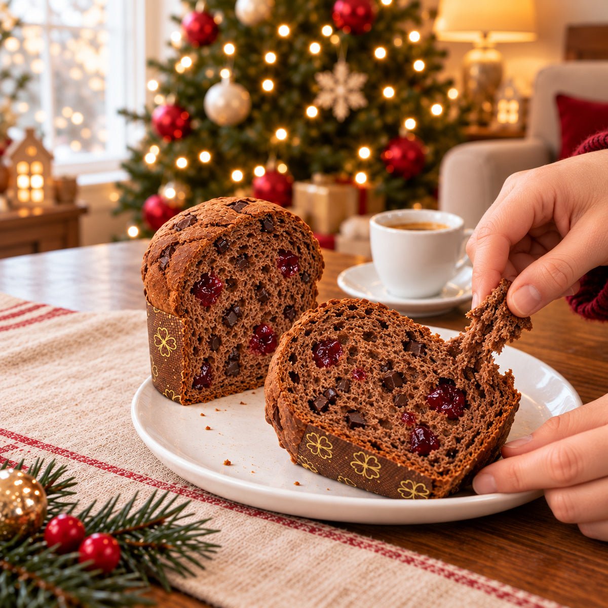 Panettoncino Amarene e cioccolato Fondente con una fetta servita su un piatto, accanto al dolce tagliato.