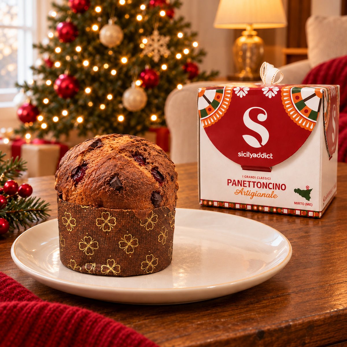 Panettoncino Amarene e cioccolato Fondente accanto alla confezione regalo.