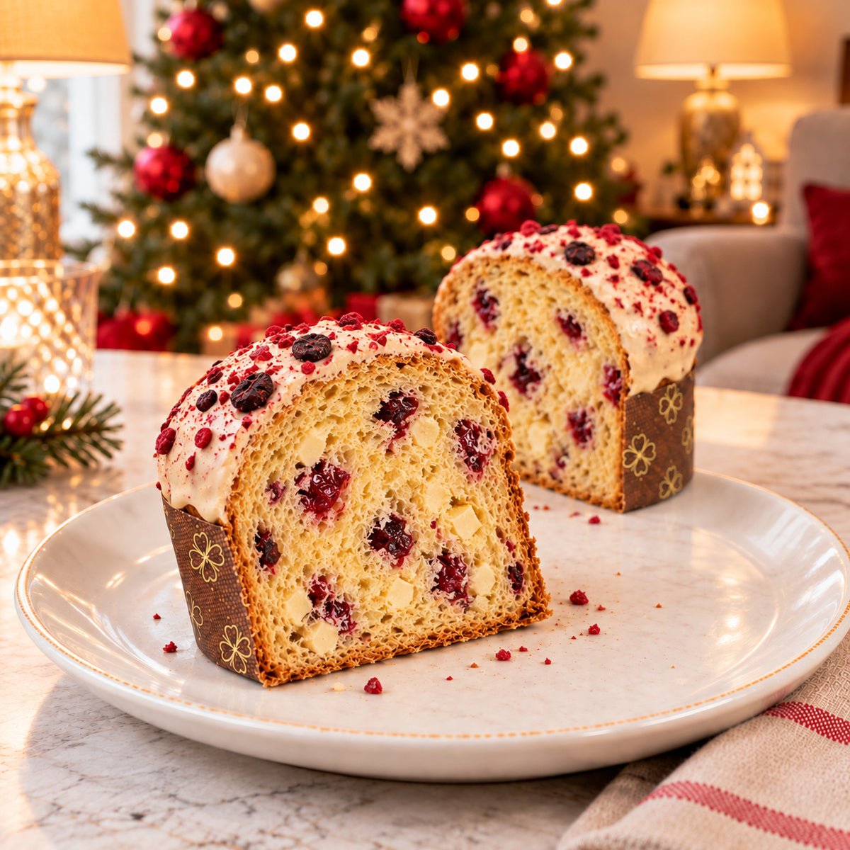 Panettoncino Frutti di Bosco e Cioccolato Bianco con una fetta in primo piano, accanto al dolce intero.