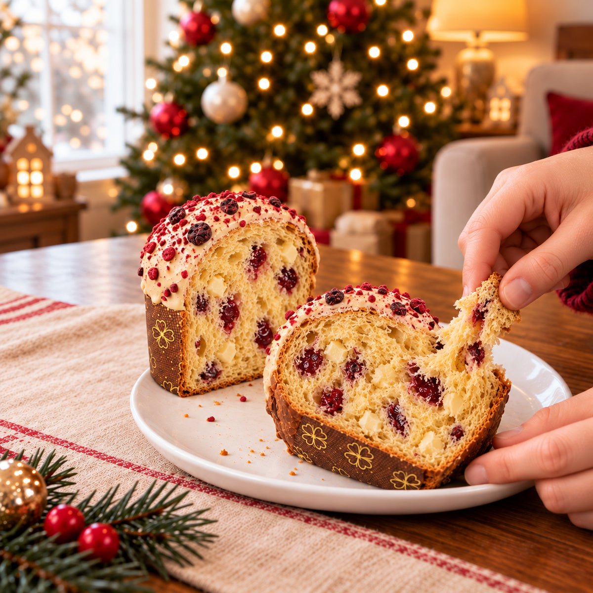 Panettoncino Frutti di Bosco e Cioccolato Bianco con una fetta servita su un piatto, accanto al dolce tagliato.