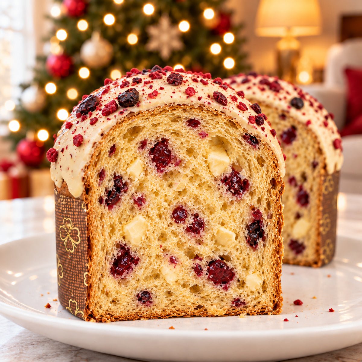 Panettoncino Frutti di Bosco e Cioccolato Bianco con dettaglio dell’interno e dell’alveolatura.