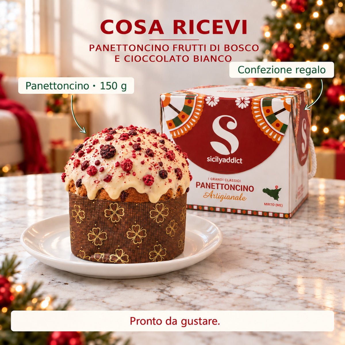 Infografica del contenuto della confezione: panettoncino frutti di bosco e cioccolato bianco e scatola regalo.