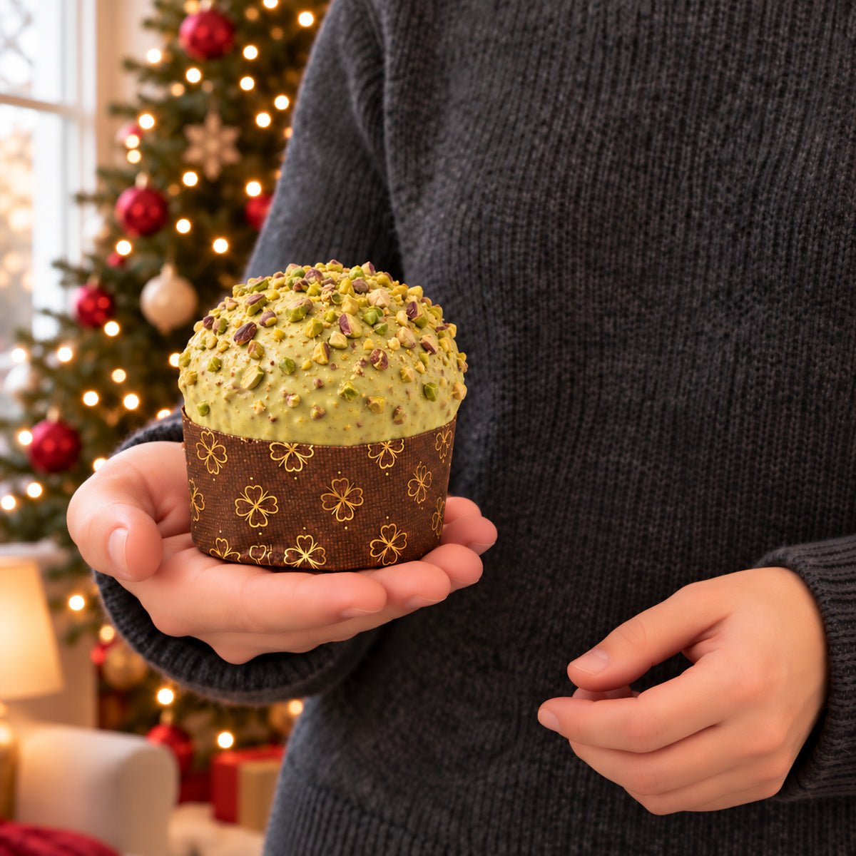 Panettoncino Pistacchio e Gocce di Cioccolato Bianco tenuto in mano davanti alla tavola natalizia.