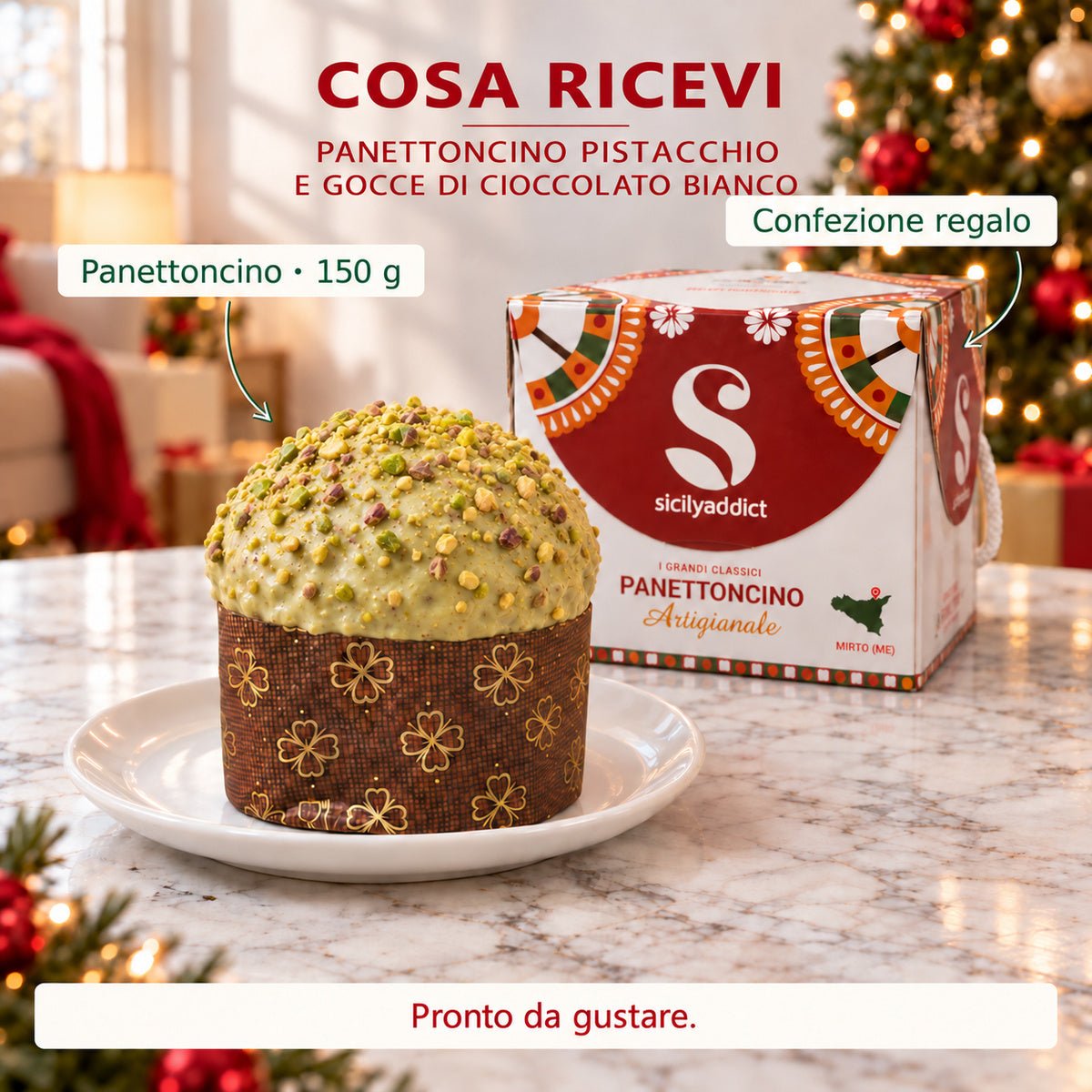 Infografica del contenuto della confezione: panettoncino pistacchio e gocce di cioccolato bianco e scatola regalo.
