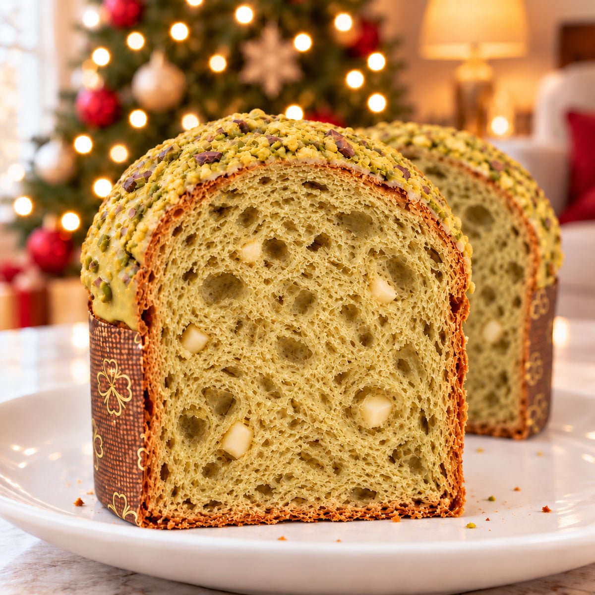 Panettoncino Pistacchio e Gocce di Cioccolato Bianco con dettaglio dell’interno e dell’alveolatura.