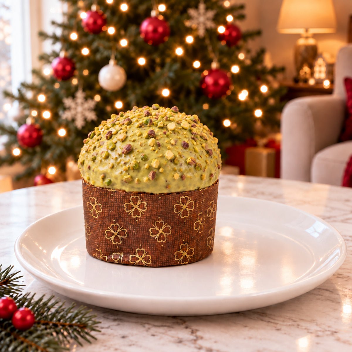 Panettoncino Pistacchio e Gocce di Cioccolato Bianco intero su un piatto, con decorazioni natalizie sullo sfondo.