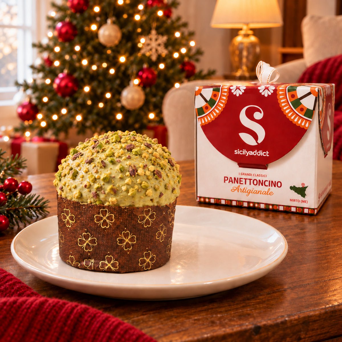 Panettoncino Pistacchio e Gocce di Cioccolato Bianco accanto alla confezione regalo.