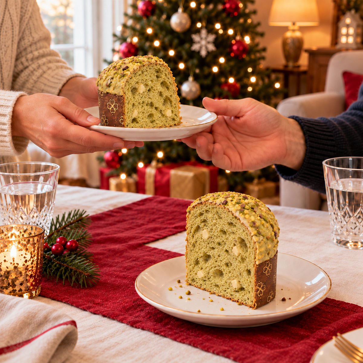 Panettoncino Pistacchio e Gocce di Cioccolato Bianco servito su una tavola apparecchiata per Natale.