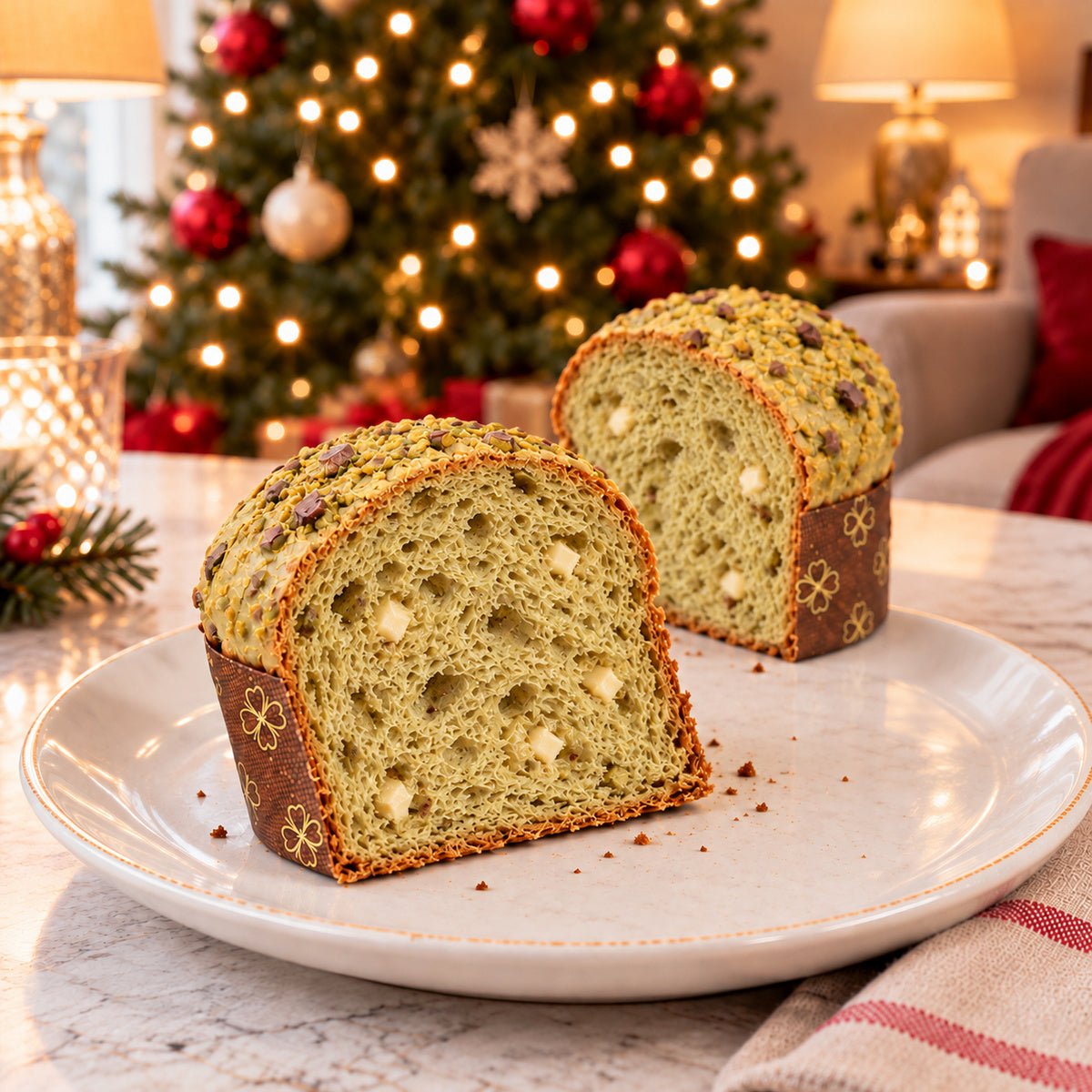 Panettoncino Pistacchio e Gocce di Cioccolato Bianco con una fetta in primo piano, accanto al dolce intero.