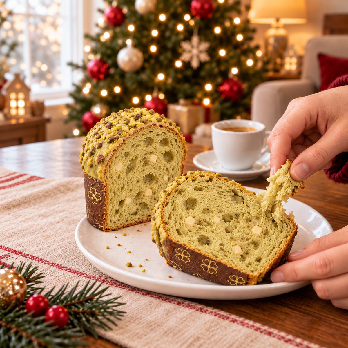 Panettoncino Pistacchio e Gocce di Cioccolato Bianco con una fetta servita su un piatto, accanto al dolce tagliato.