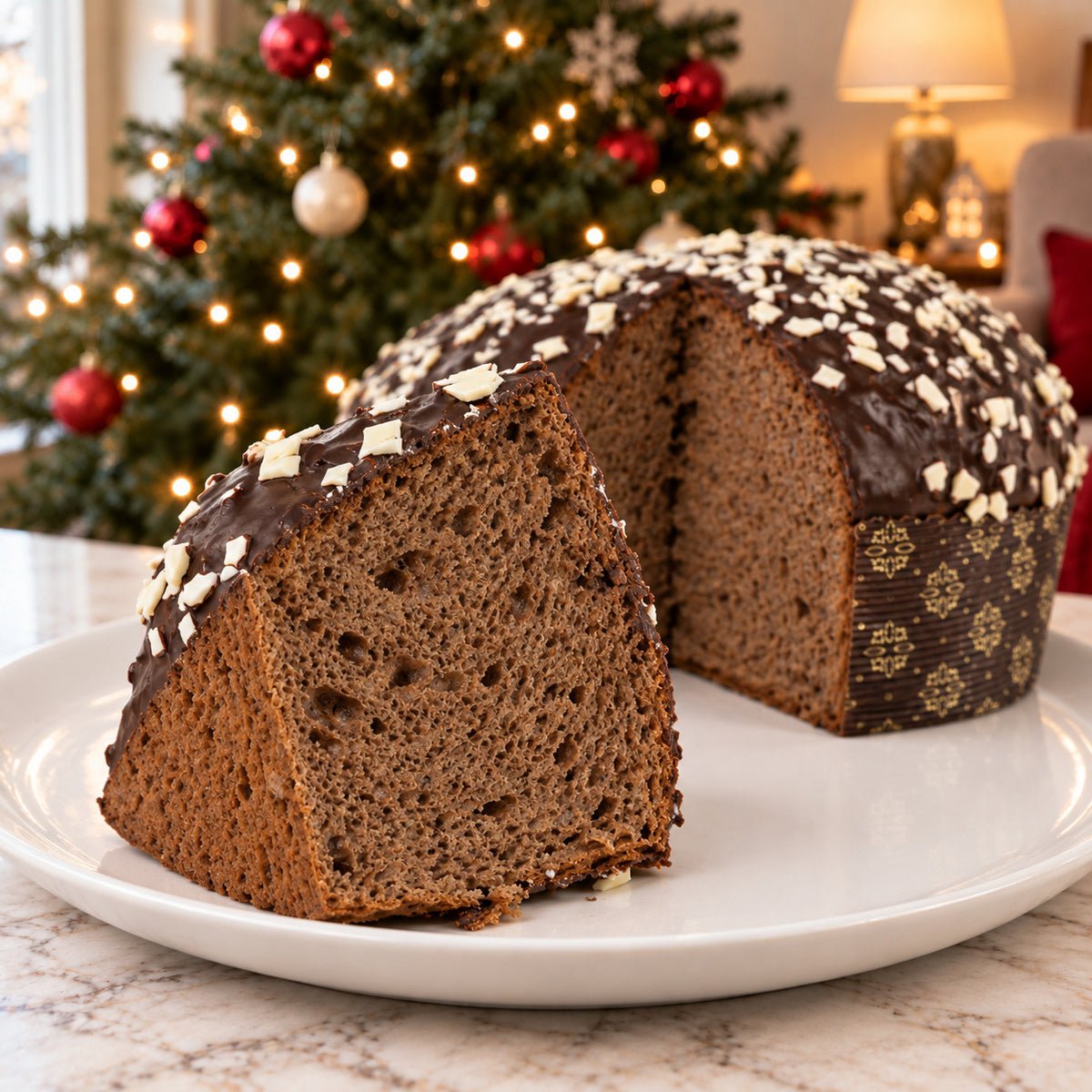 Panettone ai Tre Cioccolati con dettaglio dell’interno e dell’alveolatura.