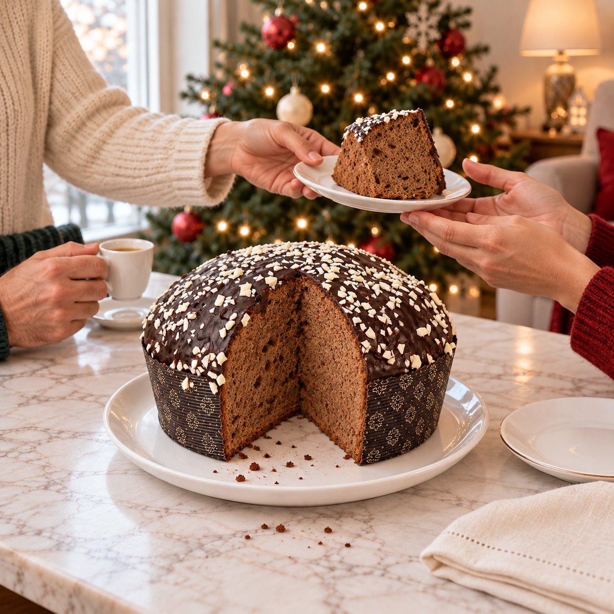 Panettone ai Tre Cioccolati servito su una tavola apparecchiata per Natale.