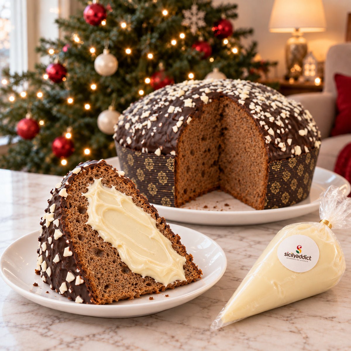 Panettone ai Tre Cioccolati con una fetta guarnita di crema in primo piano.