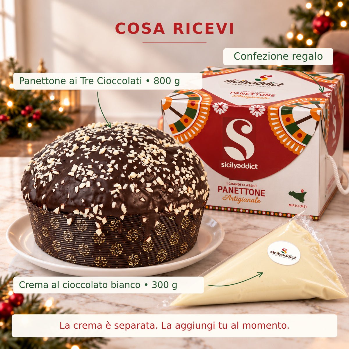 Infografica del contenuto della confezione: panettone ai tre cioccolati con crema separata e scatola regalo.