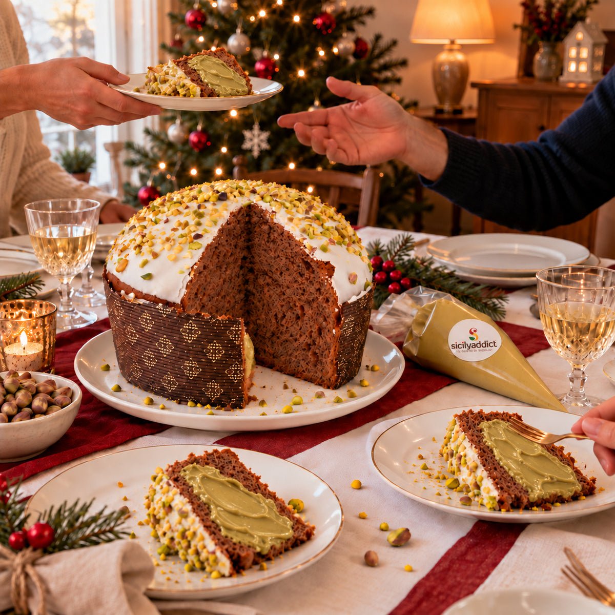 Panettone al cioccolato e pistacchio Ciokopistacchio servito su una tavola apparecchiata per Natale.