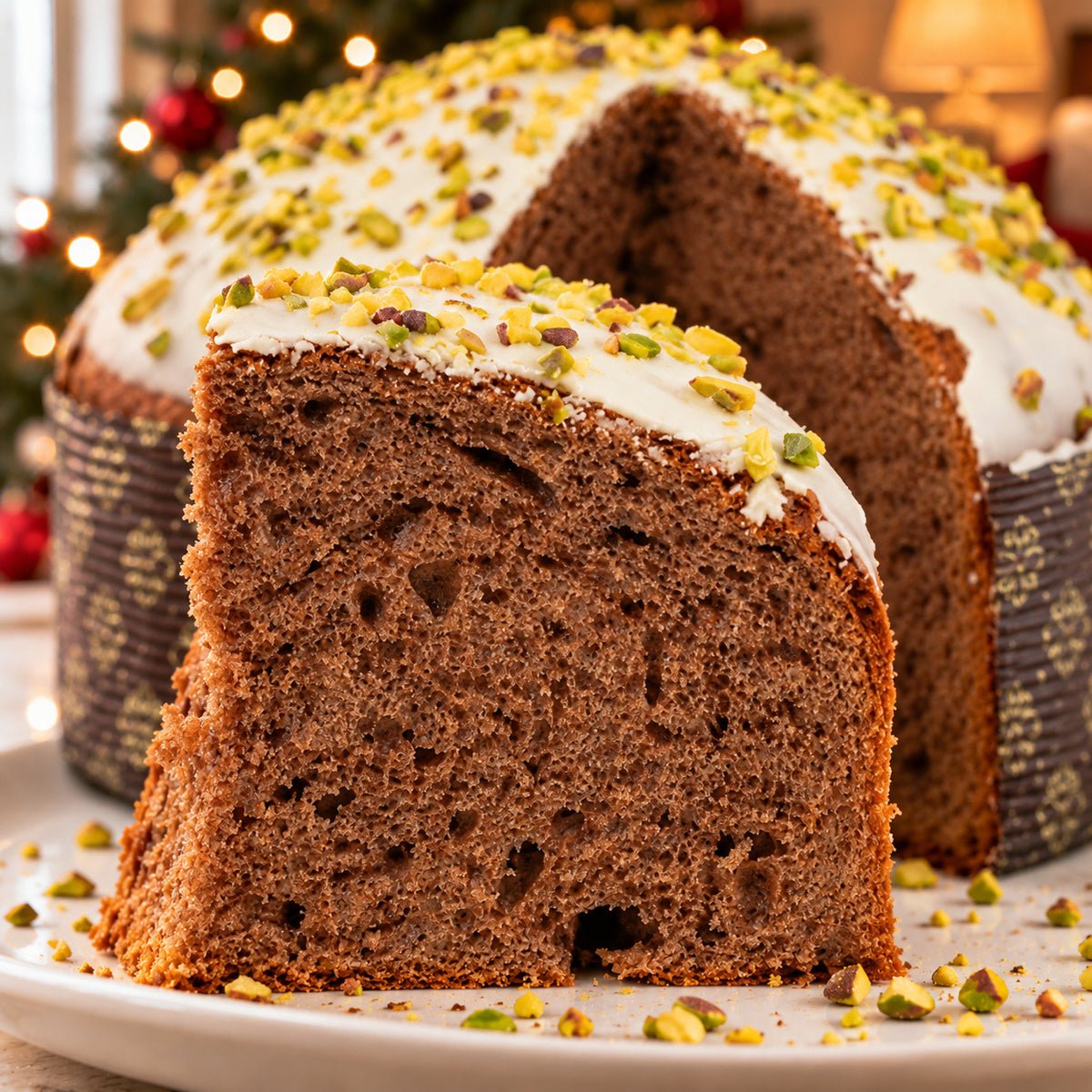 Panettone al cioccolato e pistacchio Ciokopistacchio con dettaglio dell’interno e dell’alveolatura.