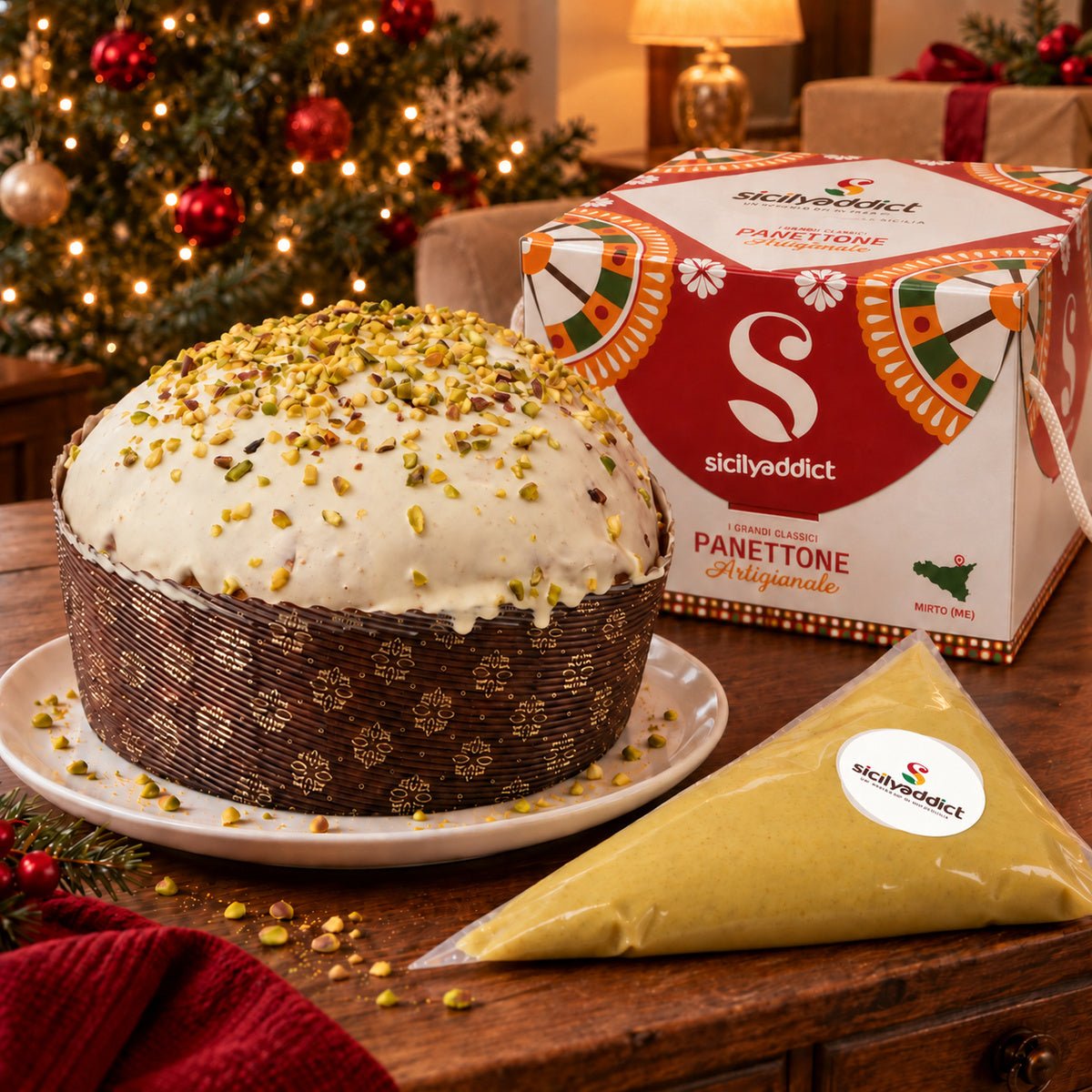 Panettone al cioccolato e pistacchio Ciokopistacchio accanto alla confezione regalo e alla crema separata.