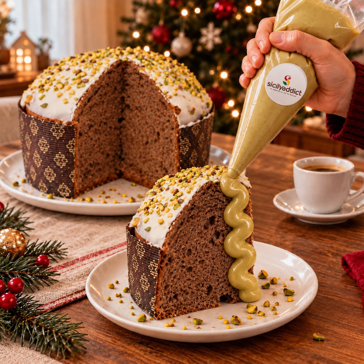 Panettone al cioccolato e pistacchio Ciokopistacchio con crema aggiunta al momento su una fetta.