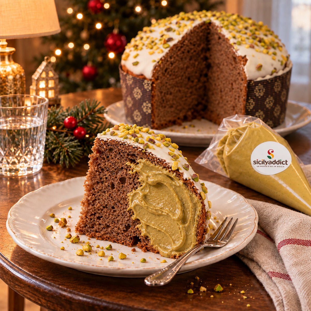 Panettone al cioccolato e pistacchio Ciokopistacchio con una fetta guarnita di crema in primo piano.