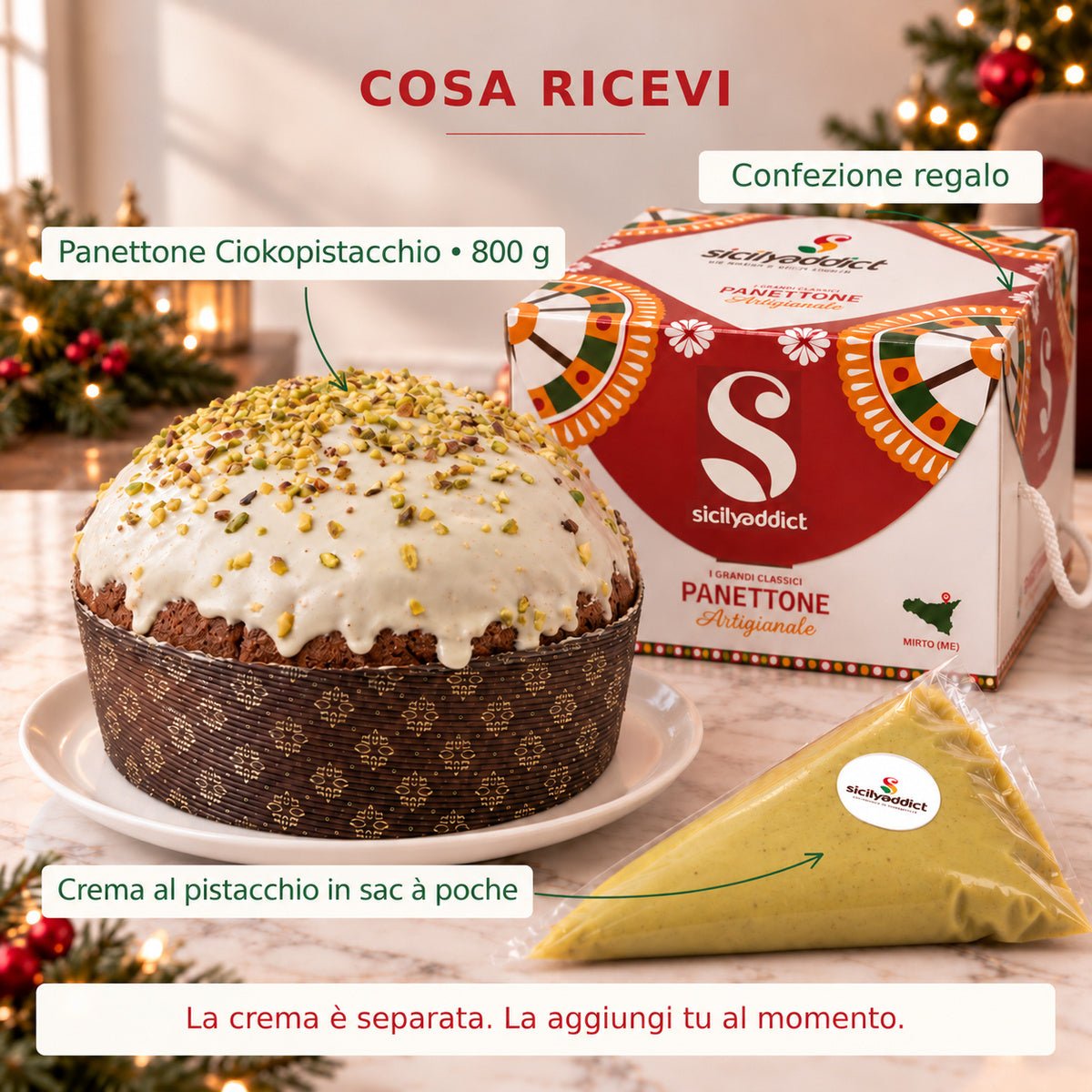 Infografica del contenuto della confezione: panettone al cioccolato e pistacchio ciokopistacchio con crema separata e scatola regalo.