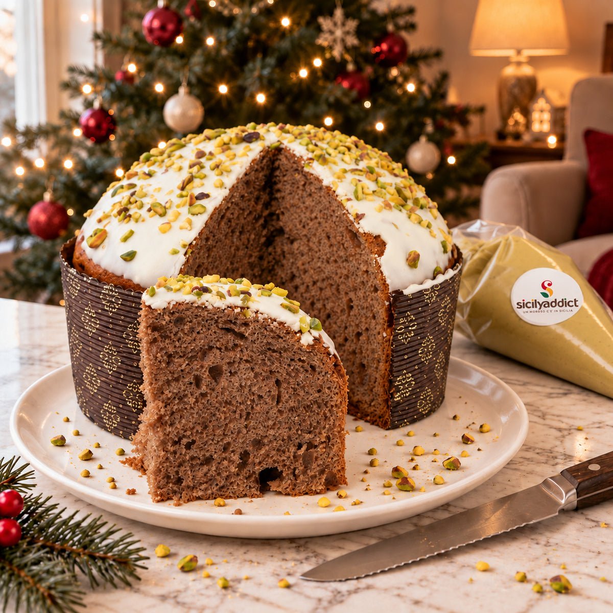 Panettone al cioccolato e pistacchio Ciokopistacchio tagliato per mostrare l’interno dell’impasto.