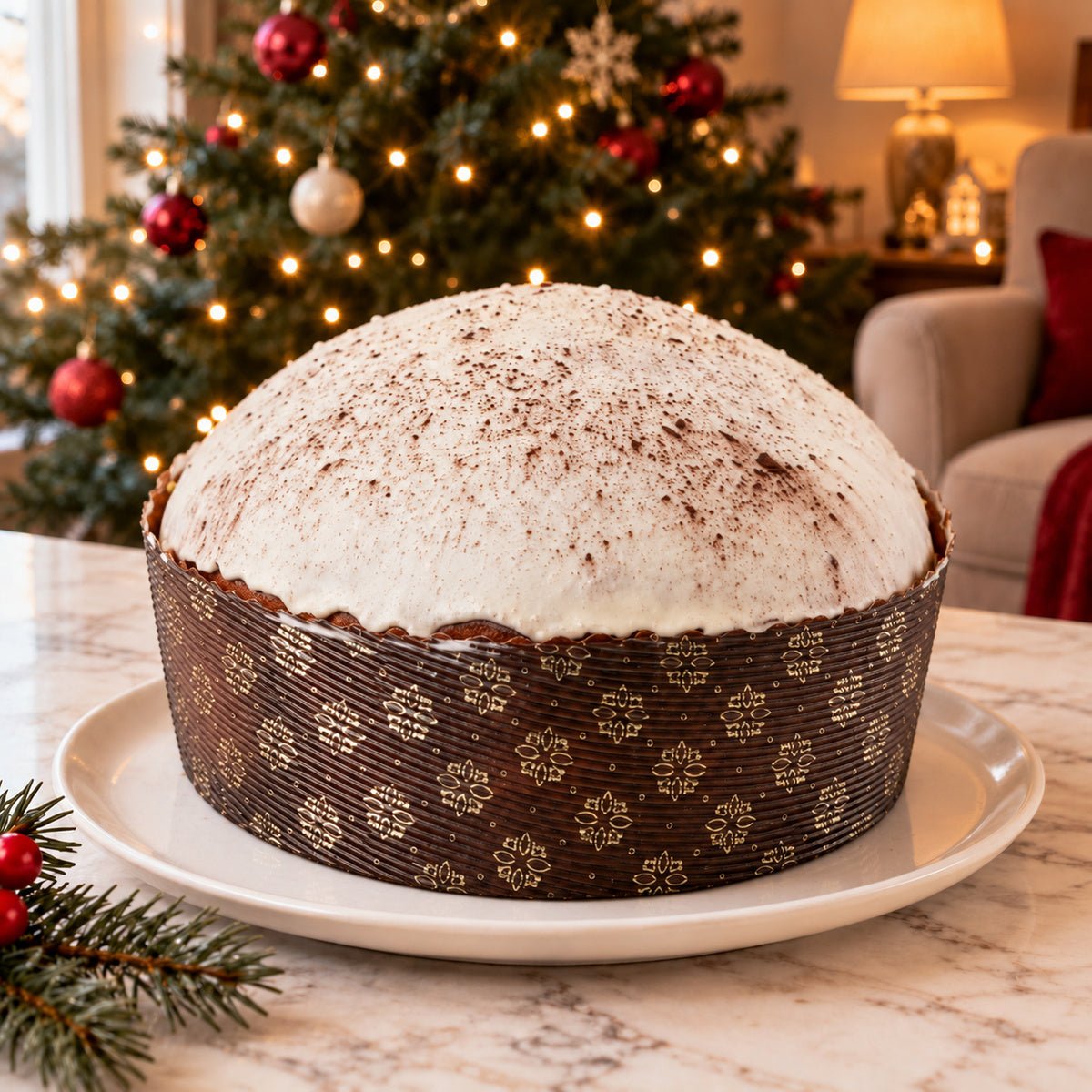 Panettone al Tiramisu' intero su un piatto, con decorazioni natalizie sullo sfondo.