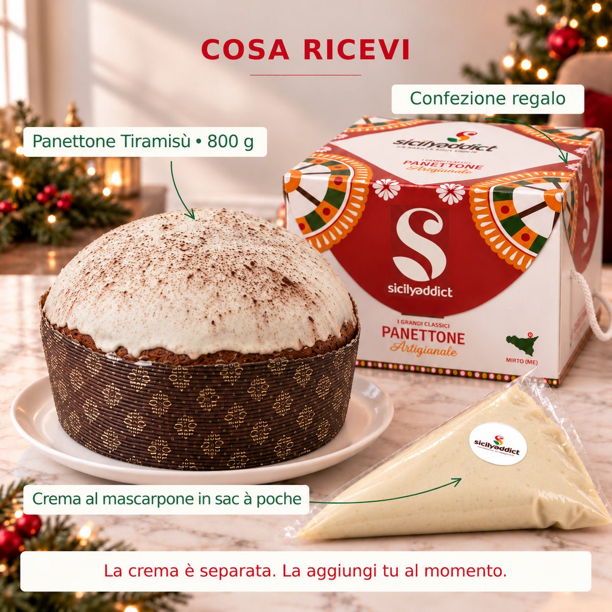 Infografica del contenuto della confezione: panettone al tiramisu' con crema separata e scatola regalo.