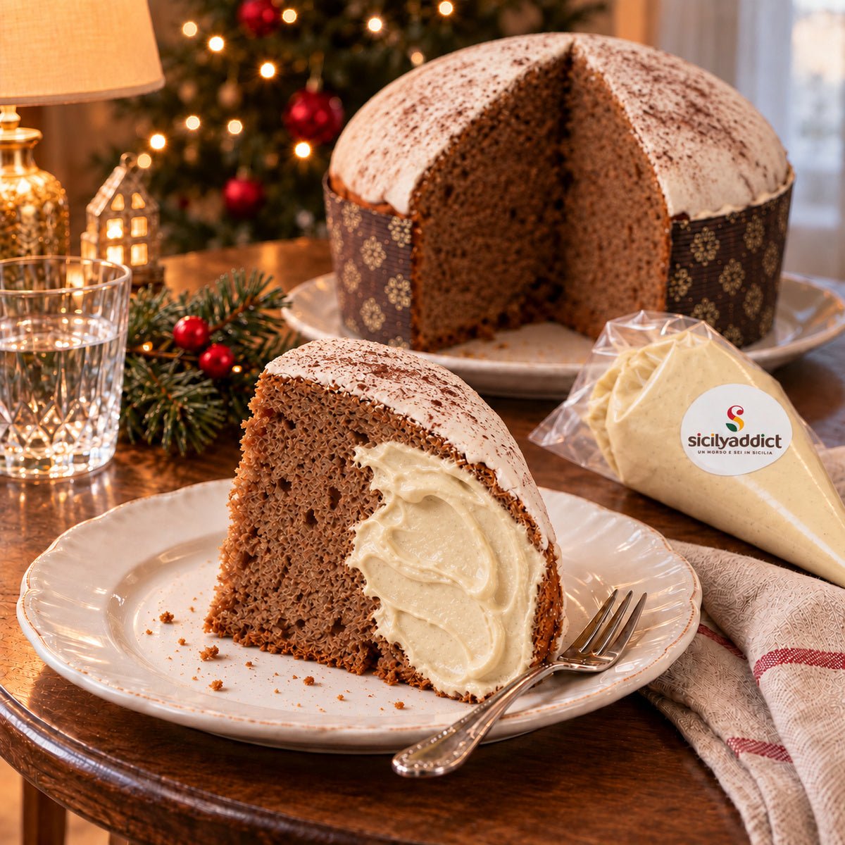 Panettone al Tiramisu' con una fetta guarnita di crema in primo piano.