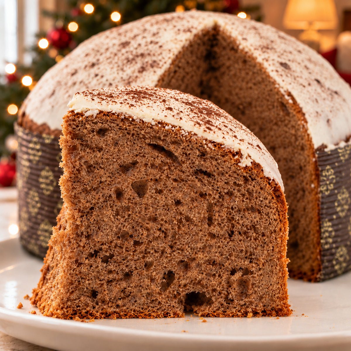 Panettone al Tiramisu' con dettaglio dell’interno e dell’alveolatura.